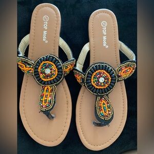 1 pair rhinestones and beaded decor flat sandals